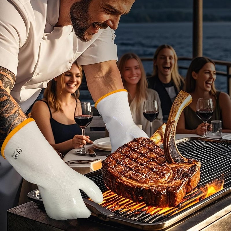 DEYAN Silicone BBQ & Oven Gloves - Food Grade, Heat Resistant Waterproof & Oil Proof Gloves for Grilling, Baking, Frying, Cooking - Long Sleeve & Non-Slip Grip, 1 Pair (White, 8/M) - Image 5